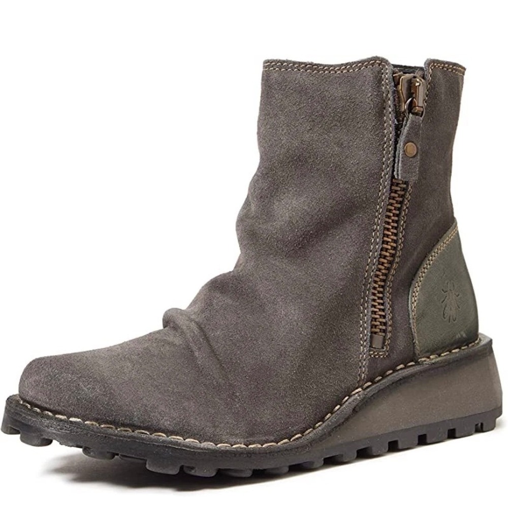 FLY LONDON MONG 008 Low Wedge Ankle Boots Diesel Suede/Rug Womens Size 39 Artsy